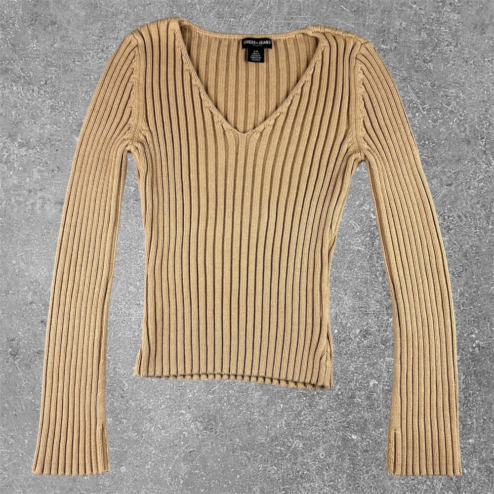 Vintage Guess Jeans Tan Ribbed V-Neck Cotton Sweater Womens Large y2k Boho Flare